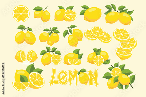 Collection of lemon illustrations featuring whole lemons, sliced lemons, lemons with leaves, and the word "LEMON" in a stylized font.