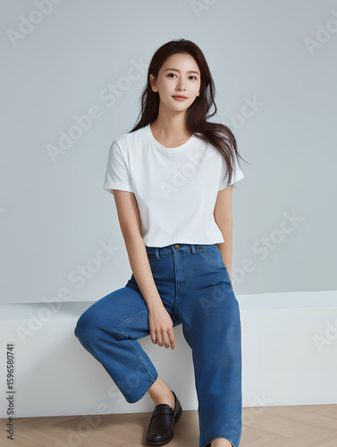 Woman in Casual White T-Shirt and Blue Wide-Leg Jeans
