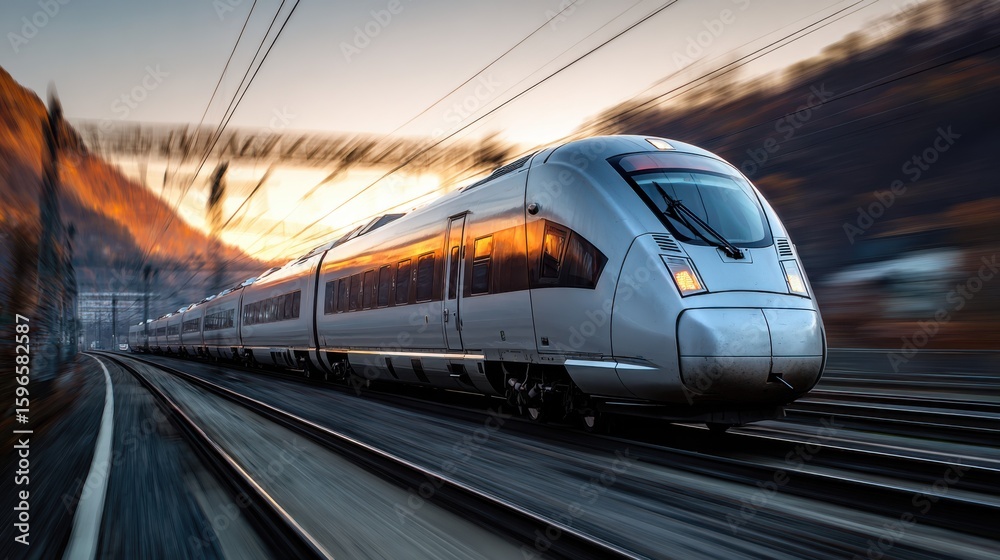 Naklejka premium High-speed train blurring through a landscape, dynamic, speed, modern travel