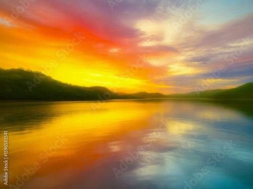 Vivid sunset over tranquil lake water clouds
