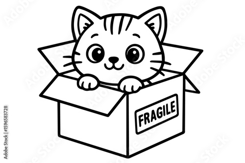 Cute Kitten Peeking from a Box Isolated Vector Coloring Page
