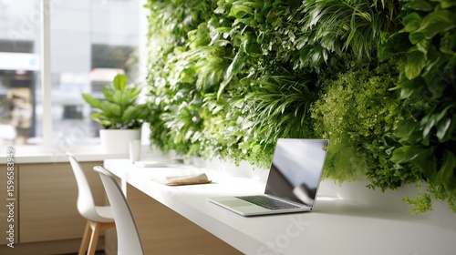 Modern workspace with green wall, laptop and natural indoor light