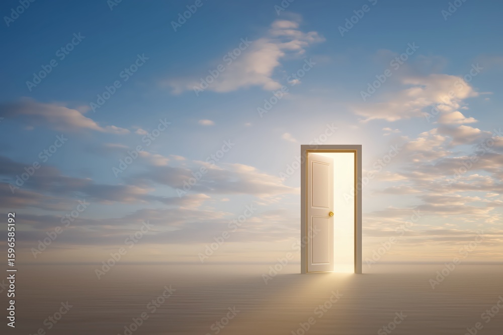 Glowing Open Door in Desert Horizon Under Golden Sunset Clouds Glowing Open Door in Desert Horizon Under Golden Sunset Clouds
