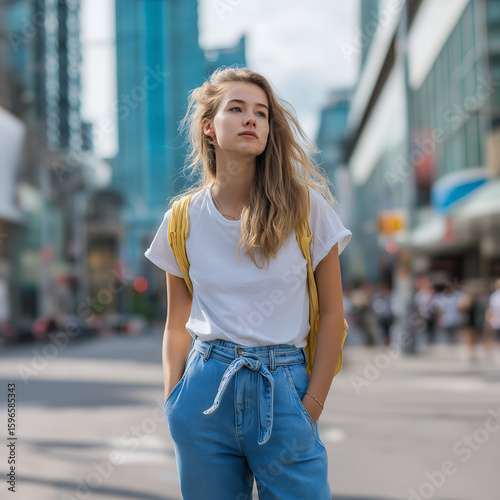 Trendy Young Woman Standing on City Street in White T-Shirt and Light Blue Pants