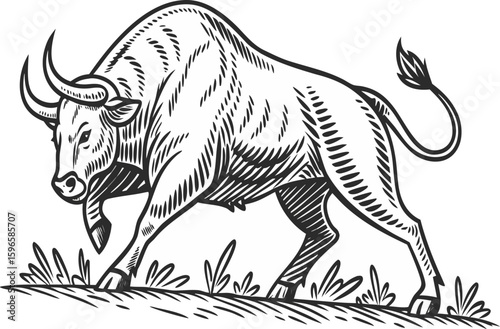 wallstreet style black bull agressive charging with money on solid black and white background, 8k, hyper realistic