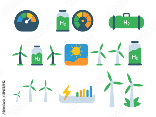 Hydrogen and Renewable Energy Icons Collection – Flat Vector Set Depicting Sustainable Technologies for Eco Projects, Infographics, and Clean Energy Development

