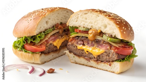 Burger cut in half with visible juicy layers – transparent cut-out
