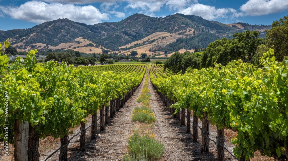 Naklejka premium Vibrant Green Vineyard Rows Under Blue Sky and Rolling Hills