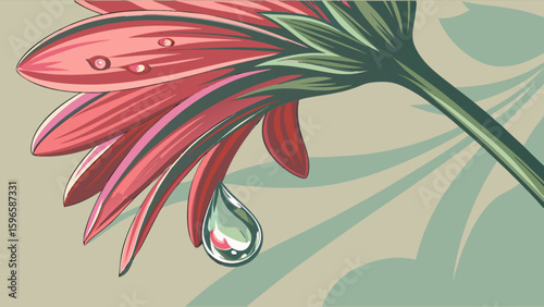 Close up of a pink gerbera daisy with water droplets and a single falling teardrop illustration