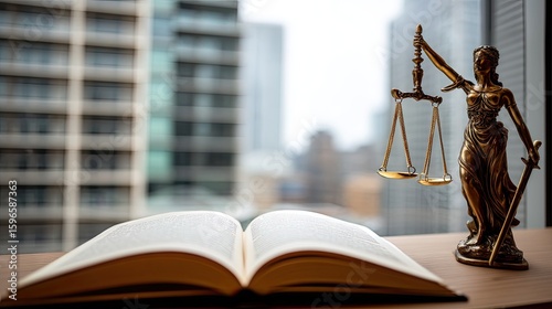 Open book and statue of justice by window.
