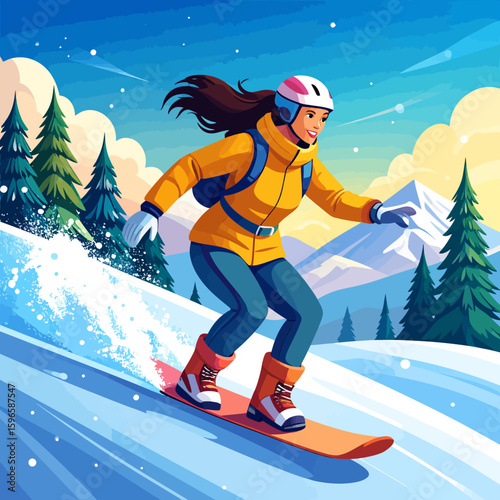 A woman snowboarding down a snowy mountain slope, wearing a yellow jacket, blue pants, and a helmet, with evergreen trees and mountains in the background.