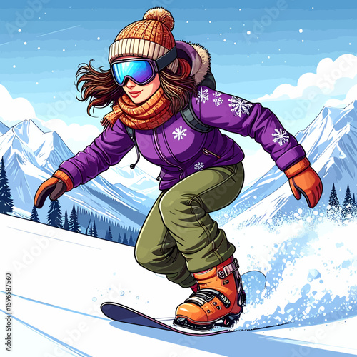 A woman snowboarding down a snowy mountain slope, winter sports illustration.