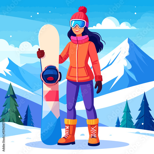 Smiling woman snowboarder stands proudly, snowboard in hand, against snowy mountain backdrop.