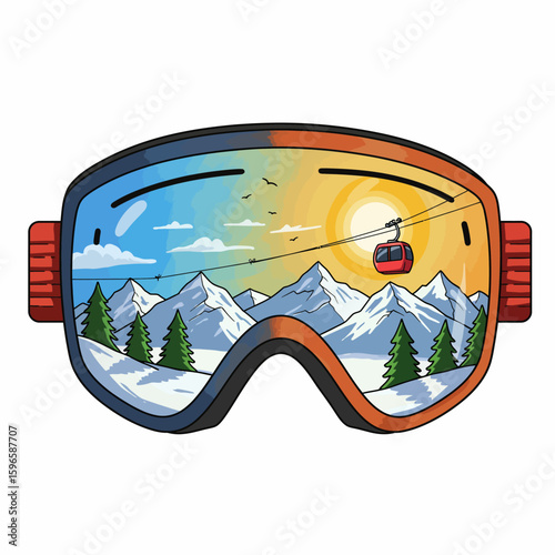 Snow goggles reflecting a winter mountain landscape with a ski lift.