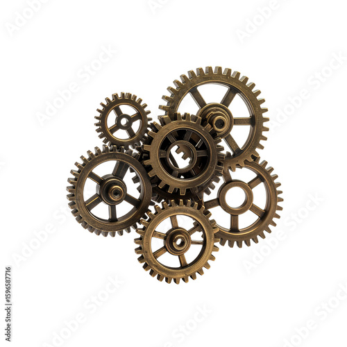 Steampunk gears clustered together in a mechanical design on transparent background