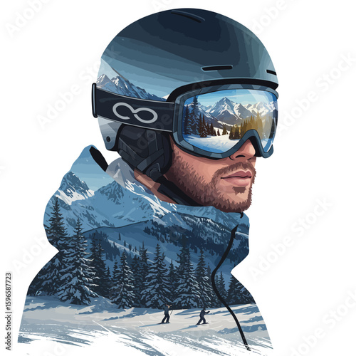 Portrait of a skier with mountain scene reflected in goggles and jacket.