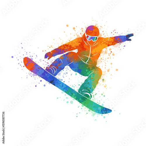 Colorful abstract illustration of a snowboarder performing a jump.