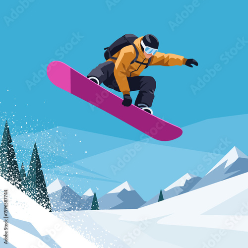 Snowboarder executes a daring aerial maneuver over snowy mountain range.