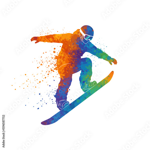 Abstract watercolor illustration of a snowboarder mid-air, performing a jump with style.