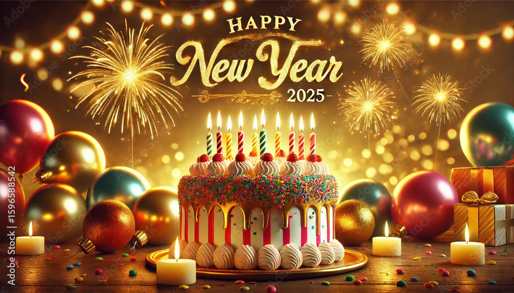Naklejka premium Celebrate the New Year with a festive cake, colorful balloons, and sparkling candles in a vibrant setting full of joy.