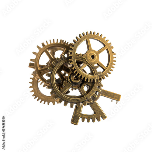 Complex arrangement of golden gears and cogs on transparent background