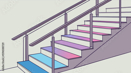 A colorful staircase with a metal railing ascends into the upper level of the building design