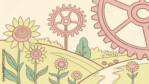 Illustration of sunflowers in a field with gears and a path on a light yellow background color scheme