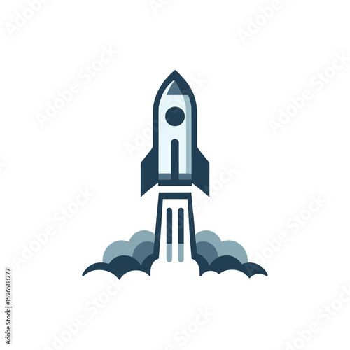 A sleek rocket launching into a clear sky, surrounded by clouds of smoke, symbolizing innovation