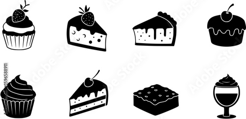 Traditional European and American dessert and popular cake black silhouette icons set on white. Vector stencil clipart, minimalist bakery sign or logo design