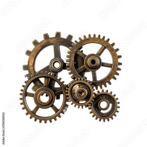 Intricate arrangement of steampunk style gears and cogs on transparent background