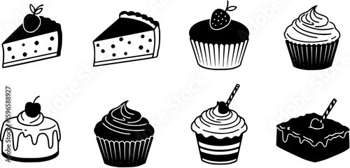Traditional European and American dessert and popular cake black silhouette icons set on white. Vector stencil clipart, minimalist bakery sign or logo design