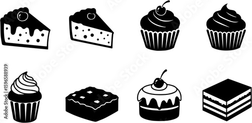 Traditional European and American dessert and popular cake black silhouette icons set on white. Vector stencil clipart, minimalist bakery sign or logo design