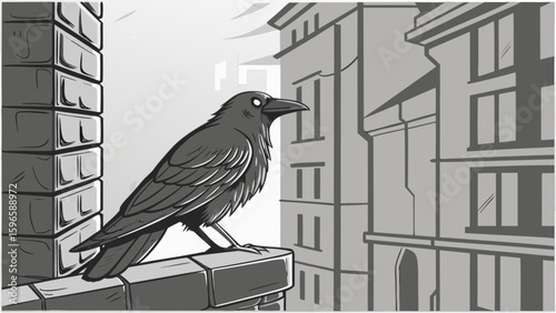 A crow perches on a brick ledge with buildings in the background in a grayscale illustration style