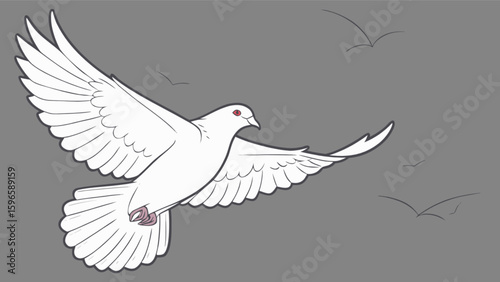 A white dove flying with wings spread wide and smaller birds in the background on a gray backdrop