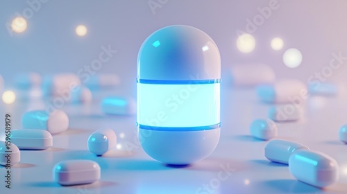 Modern glowing pills and capsule in studio setting