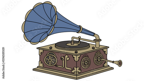 Illustration of a vintage gramophone with a large blue horn and intricate details on the base