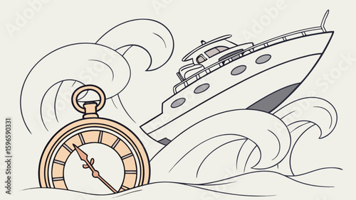 Illustration of a yacht navigating through turbulent waves with a pocket watch nearby at sea level