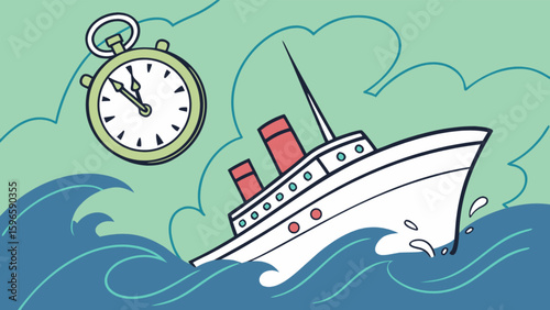 Cartoon illustration of a sinking ship in rough seas with a stopwatch floating nearby indicating time running out