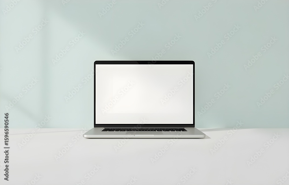 Fototapeta premium Silver laptop with blank screen on a table, perfect for showcasing your business or technology designs