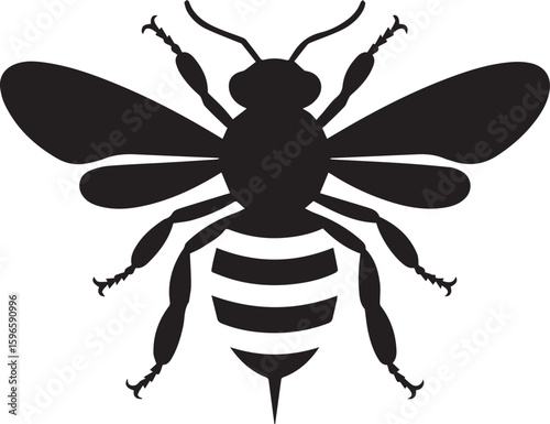Simple bee silhouette vector illustration. Black insect icon with stripes for honey, nature, and apiary branding designs. Graphic isolated on white background.