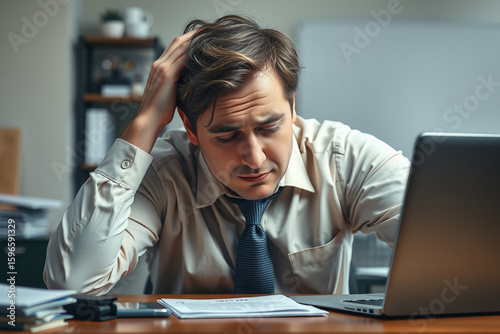 Office worker sitting at his desk with his head bowed down in deep stress