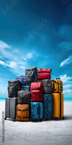 A vibrant display of various travel bags and suitcases stacked together against a stunning beach backdrop, symbolizing adventure and wanderlust in a sunny, blue-sky setting.
