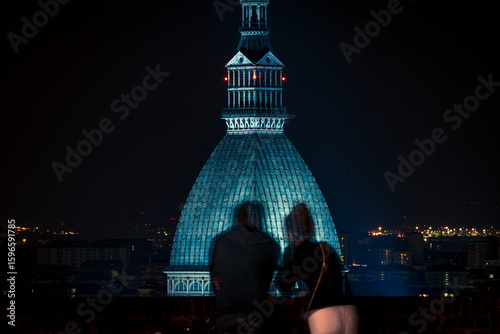 The Mole Antonelliana, iconic symbol of Turin, at night from the Monte of Cappuccini.