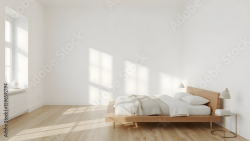 Minimalist Scandinavian Bedroom: Light Wood Platform Bed, White Linens, Sunlit Room