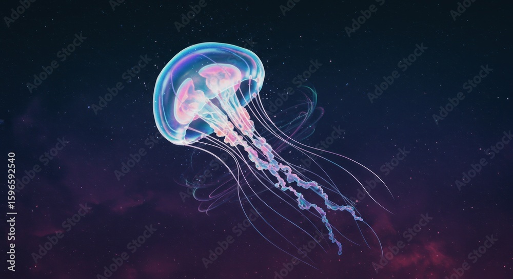 Naklejka premium Glowing jellyfish in cosmic night