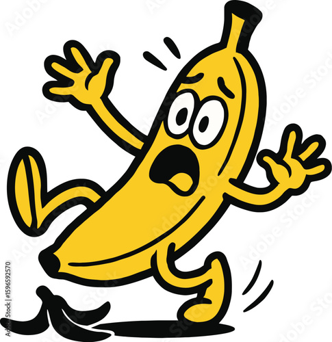 Scared Cartoon Banana Slipping on Its Own Peel - Accident and Humor