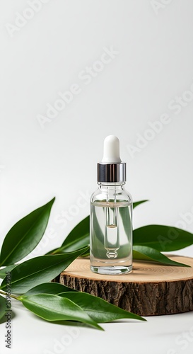Minimalist skincare serum bottle featuring green botanical leaves on a rustic wood display against white.