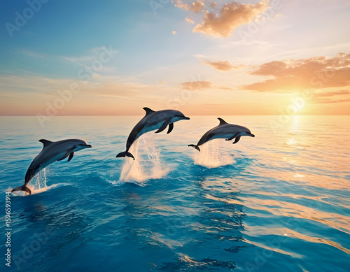 Dolphins are jumping in the blue water at sunset. Sea landscape at sunset. 3D rendering background. dolphins jumping into the sea.