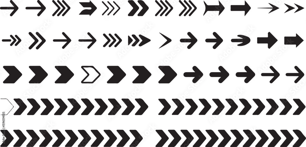 Naklejka premium Black Arrows and Pointers – Motion & Direction Icon Set.Black arrows and pointers showing motion and direction, isolated on white background. Big vector set of arrow icons and signs.