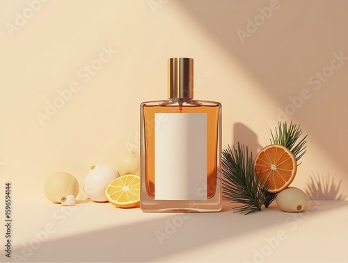 Cream Beige Christmas Perfume Bottle Mockup with Pine Detail